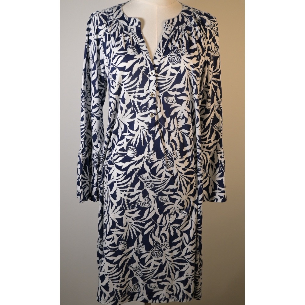 Lilly Pulitzer Navy M Leaf Print Smocked Bell Sleeve Shift Dress Tropical Preppy